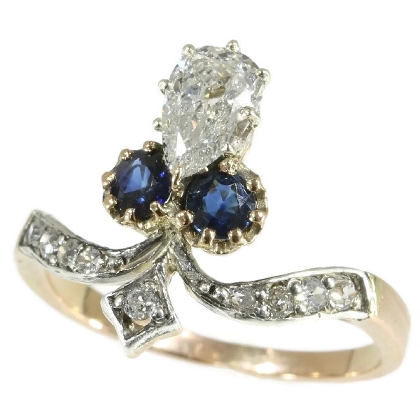 Elegant antique Victorian ring with pear shaped old cut diamond and sapphires